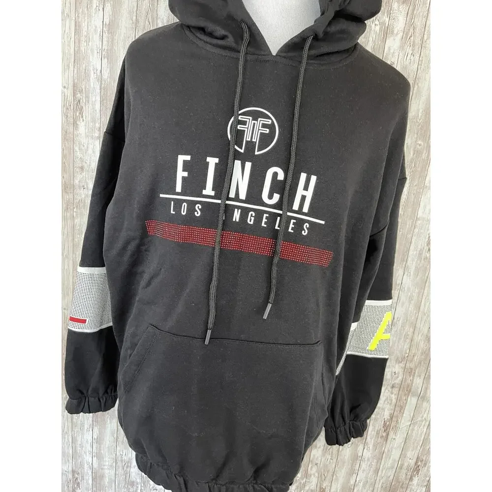 Los Angeles Fitch Hoodie Mens Medium Beaded Black Sweatshirt Oversized N151